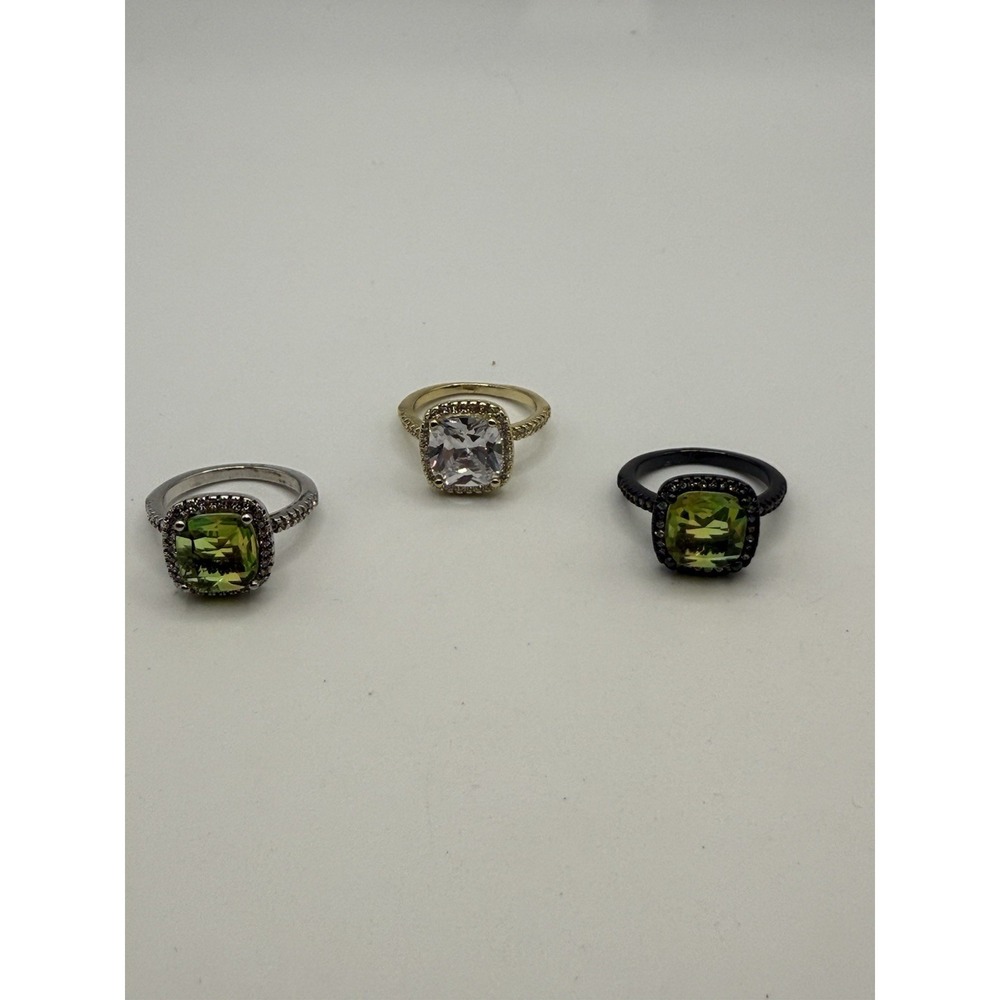 Three Rhinestone Rings Silver Tone Gold Tone Gunmetal Tone Clear Yellow Green